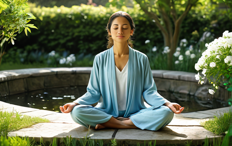 Inner Harmony**
A woman in a peaceful, sunlit garden, fully clothed in modest, flowing attire, meditating. The scene evokes serenity and calm. Soft lighting, focus on her relaxed posture and serene facial expression. Background includes blooming flowers and gentle water features. Safe for work, appropriate content, professional, modest, family-friendly, perfect anatomy, correct proportions, natural pose, well-formed hands, proper finger count, natural body proportions.
**