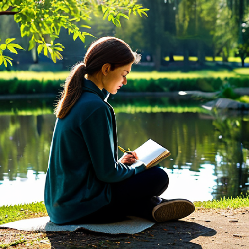 Self-Reflection in a Peaceful Setting**
A woman in comfortable clothing, sitting in a quiet park beside a pond, reflecting on her thoughts. Sunlight filters through the trees, creating a serene atmosphere. She is journaling, with a gentle expression. Safe for work, appropriate content, fully clothed, modest, professional, perfect anatomy, natural proportions, high quality.
**