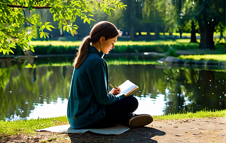 Self-Reflection in a Peaceful Setting**
A woman in comfortable clothing, sitting in a quiet park beside a pond, reflecting on her thoughts. Sunlight filters through the trees, creating a serene atmosphere. She is journaling, with a gentle expression. Safe for work, appropriate content, fully clothed, modest, professional, perfect anatomy, natural proportions, high quality.
**