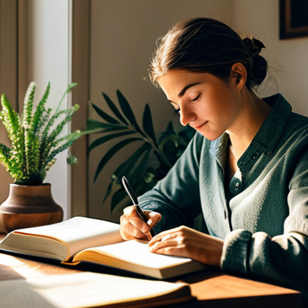 내적 충돌 화해를 위한 신뢰 회복 전략 - Journaling for Clarity**
"A woman in a cozy, sunlit room, sitting at a wooden desk with a journal a...