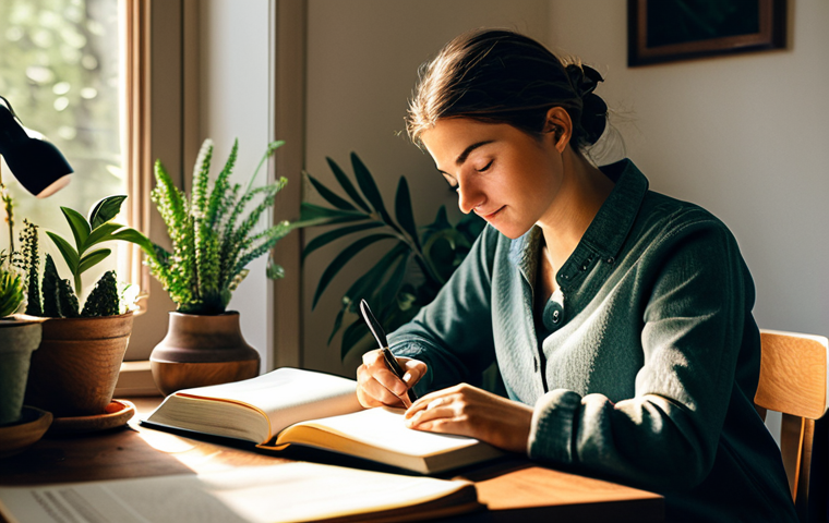 내적 충돌 화해를 위한 신뢰 회복 전략 - Journaling for Clarity**
"A woman in a cozy, sunlit room, sitting at a wooden desk with a journal a...
