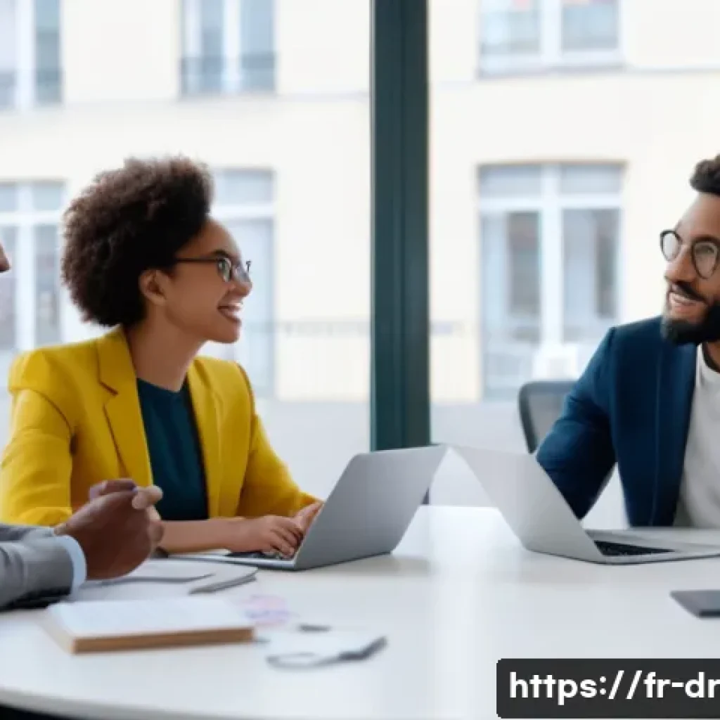 내적 충돌 해결을 위한 비즈니스 모델 제안 - A diverse corporate team engaged in an open communication session in a modern Parisian office, featu...