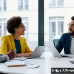 내적 충돌 해결을 위한 비즈니스 모델 제안 - A diverse corporate team engaged in an open communication session in a modern Parisian office, featu...
