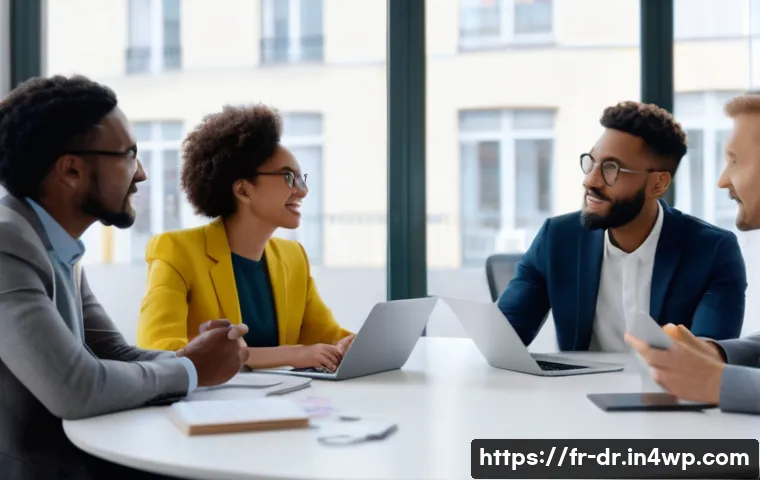 내적 충돌 해결을 위한 비즈니스 모델 제안 - A diverse corporate team engaged in an open communication session in a modern Parisian office, featu...