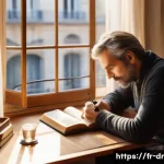 내적 갈등 해결을 위한 실질적 접근 - A serene and thoughtful middle-aged French man sitting at a wooden desk by a large window overlookin...
