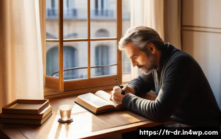 내적 갈등 해결을 위한 실질적 접근 - A serene and thoughtful middle-aged French man sitting at a wooden desk by a large window overlookin...