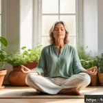 내적 충돌이란 무엇인가 - A serene and contemplative middle-aged European woman sitting cross-legged in a cozy, softly lit roo...