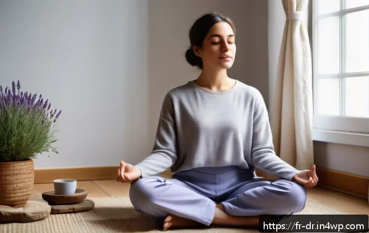 정신적 내적 충돌의 징후와 증상 파악하기 - A serene indoor scene showing a young adult woman practicing mindfulness meditation in a softly lit ...